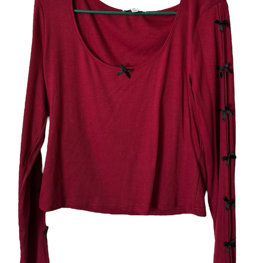 Women's Red Long Sleeve Top with Bow Accents